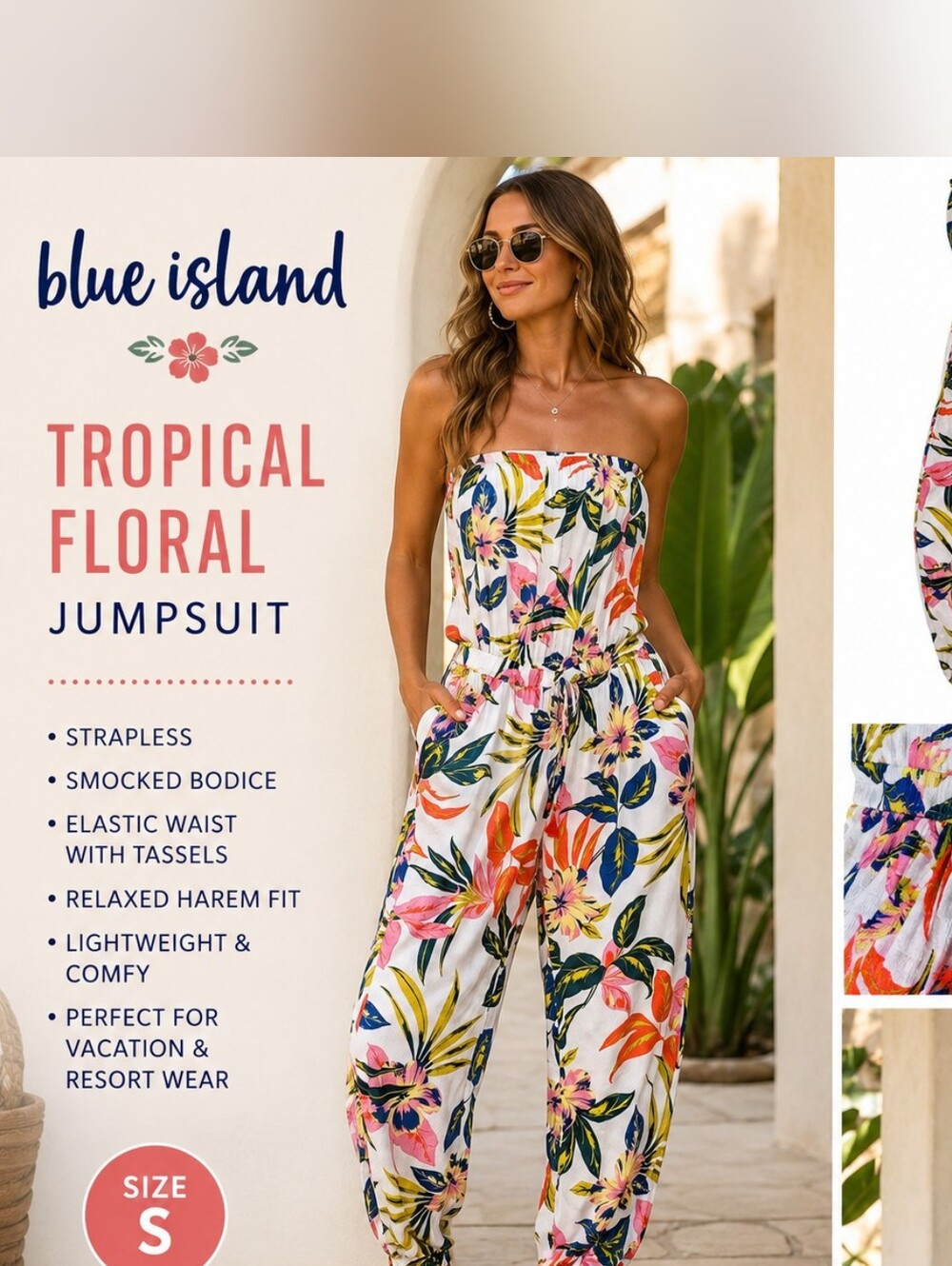 Blue Island Strapless Tropical Floral Harem Jumpsuit Small Beach Resort Cover Up
